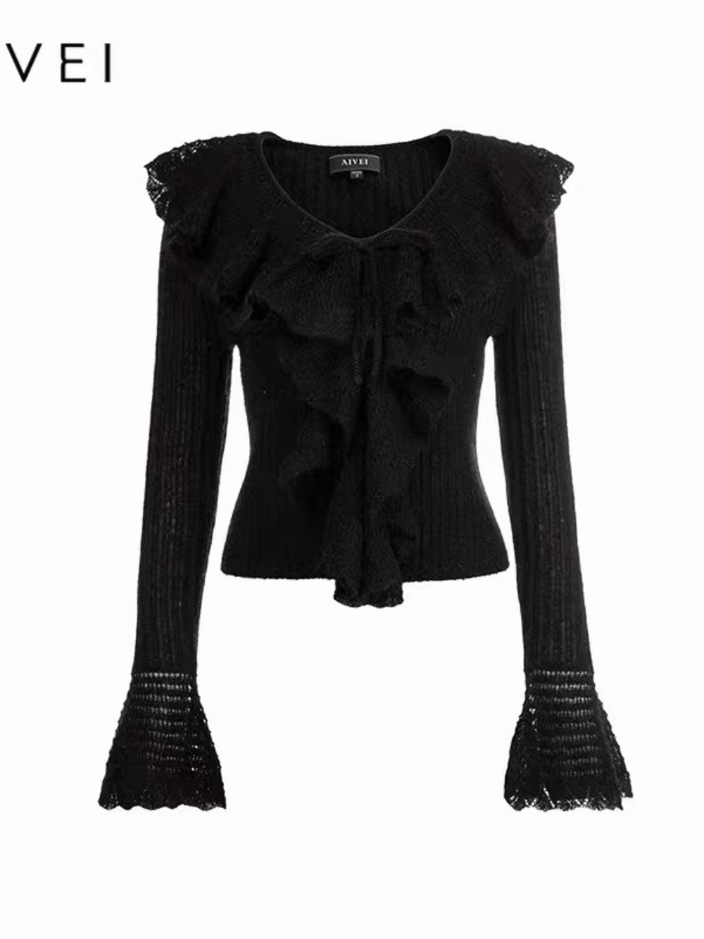 NEW Aivei Black Ruffle-Front Ribbed V-Neck Sweater